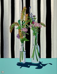 Flowers on Striped Wallpaper by Dylan Izaak - Original Painting on Aluminium sized 28x36 inches. Available from Whitewall Galleries