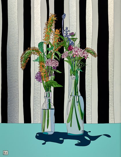 Flowers on Striped Wallpaper by Dylan Izaak - Original Painting on Aluminium